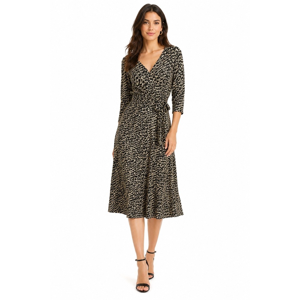 NEW Talbots Wrap Midi Dress‎ Women's Size 16 Black Tan Abstract Print V Neck